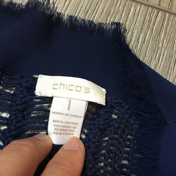 Chico's Blue Open Light long Knit Cardigan with chiffon edge Size 1 - Picture 3 of 7